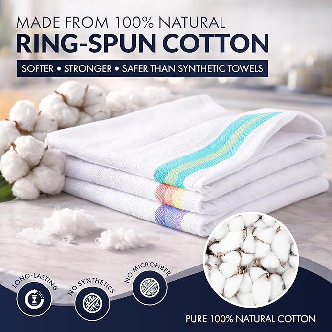 Harringdons 100% Cotton Kitchen Towels, Highly Absorbent Dish Towels for Kitchen with Hanging Loop, Large 20"x28" Washable Towels, Assorted Colors, 6 Pack