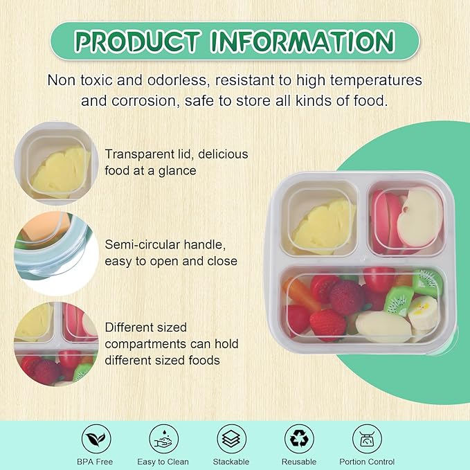 Honeydak 5 Pack Snack Containers 3 Compartment Bento Snack Boxes Divided Meal Prep Containers with Lids Reusable Adults Lunch Food Storage Box for School Work Travel(Sage Green)