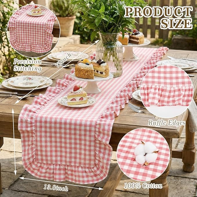 HunnmingRe 1 Pcs Pink Plaid Gingham Ruffle Table Runner 72 x 13.8'' Farmhouse Table Runner 100% Cotton Scalloped Long Dresser Scarves for Dining Room, Wedding, Kitchen Rustic Home Decor