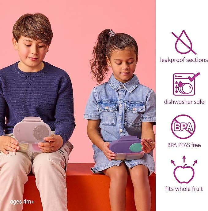 b.box Snack Box - Leakproof Mini Bento Box for Kids & Toddlers, 2 Compartment Snack Containers for Kids, Lunch Containers, Dishwasher Safe, BPA Free, PFAS Free, Ages 4m+, 1 3/4 Cup - Blush Crush