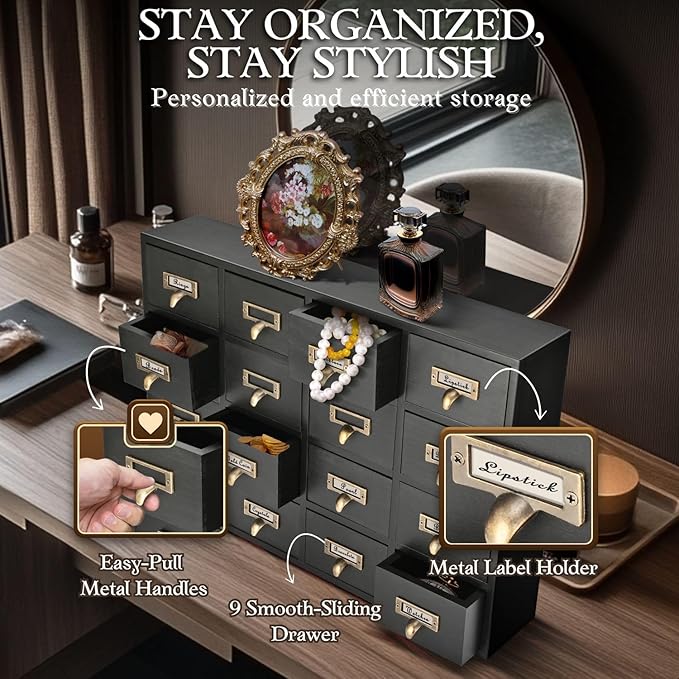 Flexzion Apothecary Cabinet with Drawers - 16 Vintage Apothecary Drawers Desktop Organizer for Home & Office - Wooden Tabletop Library Card Catalog Cabinet Storage for Jewelry, Makeup & Tools, Black