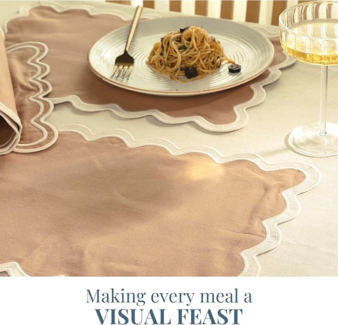 Folkulture Placemats Set of 4 | (13 x 19) 100% Cotton Rustic Place Mats | Heat Resistant Table Mats for Dining Table Decor | Boho Placemats, Scalloped Kitchen Mats or Table Placemats (Sand)