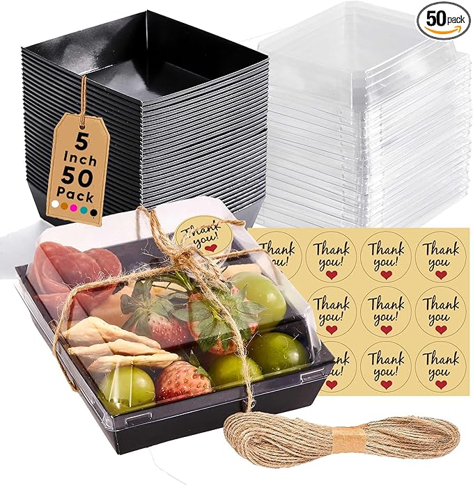 Leafiew 50 Pack Small Charcuterie Boxes with Clear Lids - To Go Paper Mini Charcuterie Box, Disposable Food Containers, 5Inch Dessert Boxes - Sandwich, Cookie, Sushi, Cake Slice, Strawberries (Black)