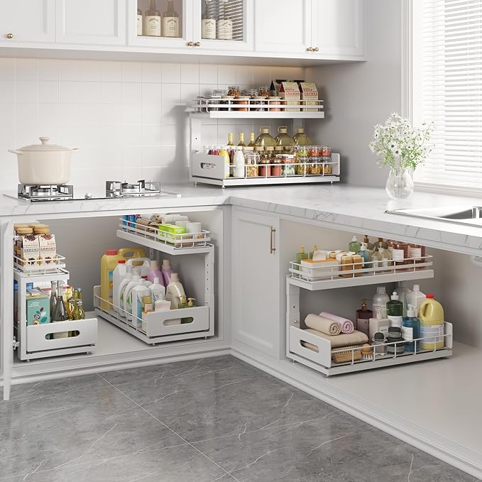 Under Sink Organizer Upgrade To Professional Rails,2-Tier Dual Pull Out Cabinet Storage,Height Adjustable Slide Out Drawers For Bathroom Kitchen,2 Pack-18.5"Dx12.8"-16.9"H,White
