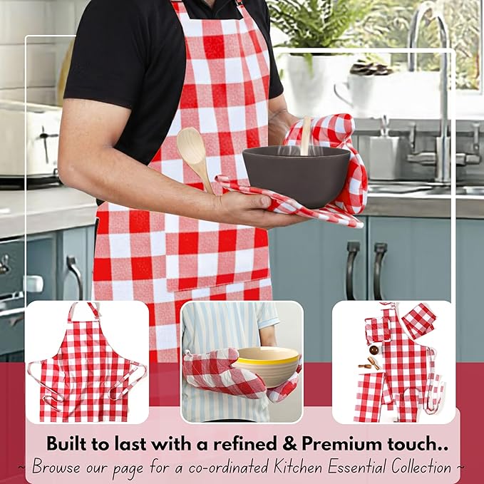 Native Fab Buffalo Plaid Check Oven Mitts and Pot Holders Set of 4, 100% Cotton Heat Resistant Kitchen Gloves, 2 Oven Mitts (7x13), 2 Pot Holders (8x8) for Cooking & Baking, Red White