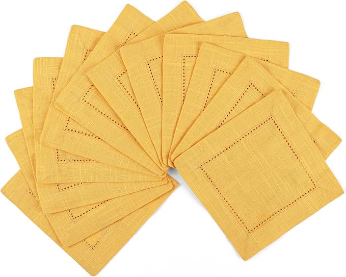 FINGERCRAFT Cocktail Napkins 6 x 6 Inch Premium Quality Cotton, Generous Hemstitch and Mitered Corner Set of 12 Coaster Cloth Gold
