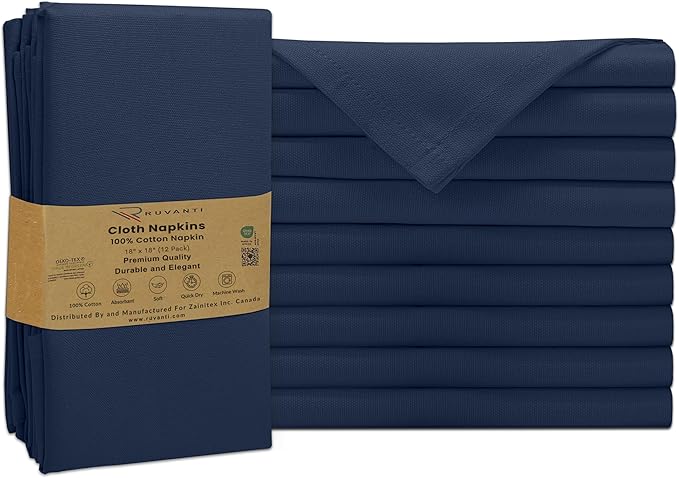 Ruvanti Cloth Napkins Set of 12, 100% Cotton High GSM 18x18 Inches Soft, Washable, Highly Durable & Absorbent, Perfect for Parties, Christmas, Thanksgiving Dinners – Pageant Blue