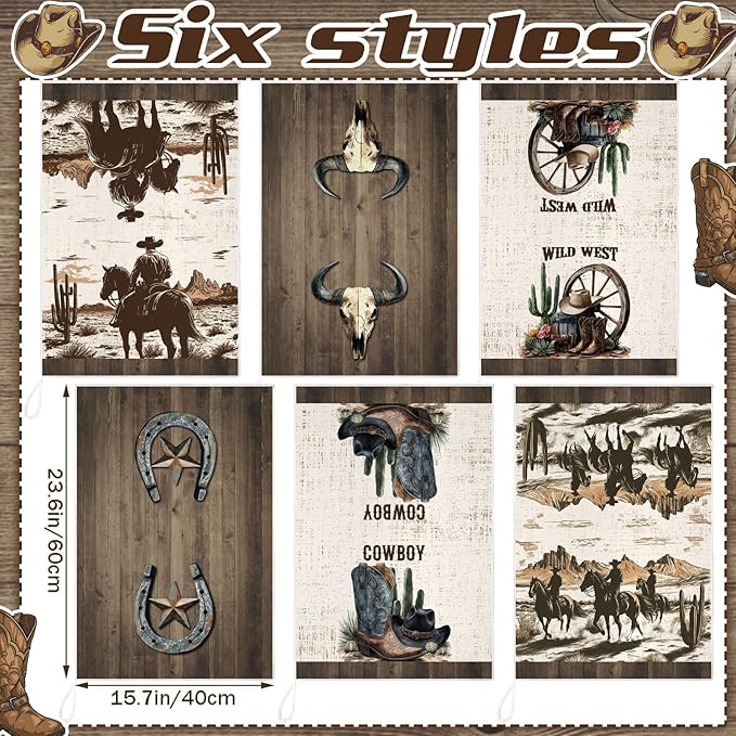 Bencailor 6 Pcs Western Cow Kitchen Towels Decorative Sets Dish Towels Absorbent Fast Drying Hand Tea Vintage Hanging Reusable Cleaning Dishcloths for Cooking Farmhouse Bathroom Accessory