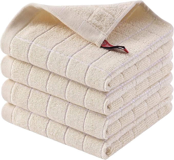 Homaxy 100% Cotton Terry Kitchen Dish Cloths, Ultra Soft and Absorbent Dish Towels for Kitchen, Suitable for Drying and Washing Dishes, 4 Pack, 12 x 12 Inches, Beige