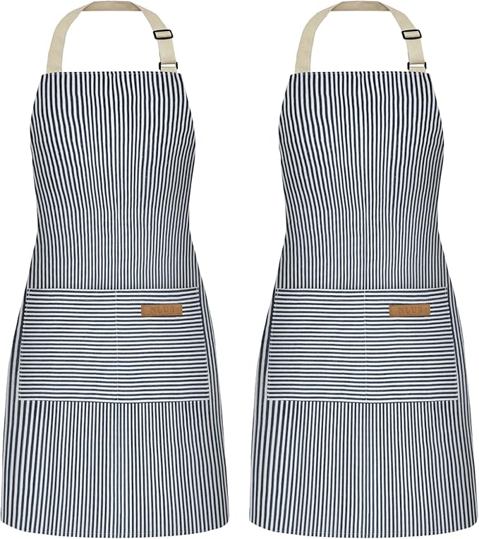 NLUS 2 Pack Cooking Aprons for Women with Pockets, Adjustable Kitchen Bib Aprons Chef Aprons for Women Men(Blue Pinstripes)