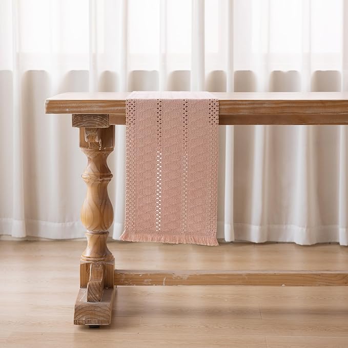 Keketoarrange Boho Pink Table Runner for Spring Decorations 12x60 Inches Farmhouse Small Macrame Woven Burlap Jute Rustic Coffee Table Runner Dresser Scarf Dining Kitchen Centerpiece Bohemian Decor