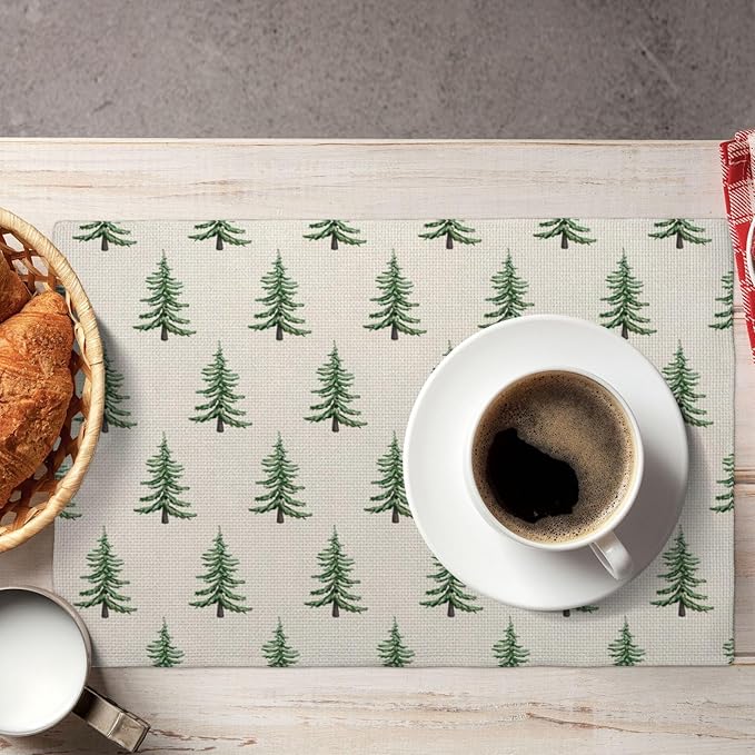 Christmas Trees Placemats Set of 4 Sage Green Christmas Decor Place Mats 12x18 Inch Xmas Winter Holiday Farmhouse Decorative Linen Table Mats for Home Kitchen Dining Party Table Decoration