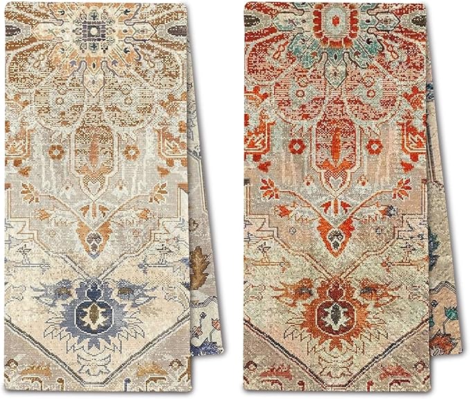 Vintage Oriental Floral Kitchen Towels, Boho Dish Towels Drying Cloth for Kitchen, Antique Boho Abstract Flower Decorative Hand Towel for Bathroom, 16x24 Inch Set of 2