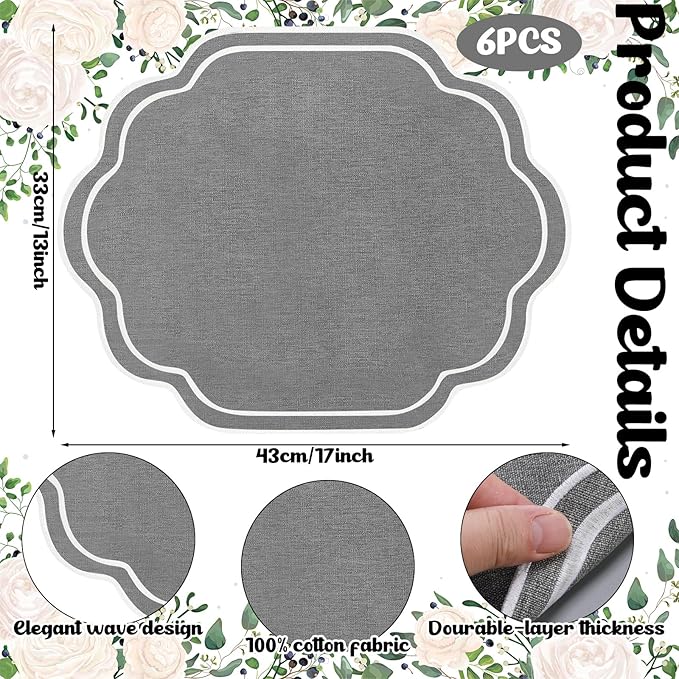 Breling 6 Pcs Wedding Placemats Scalloped Embroidered Cotton Linen Placemats 17" x 13" Double Layered Machine Washable Table Place Mat for Party Table Decor (Gray)