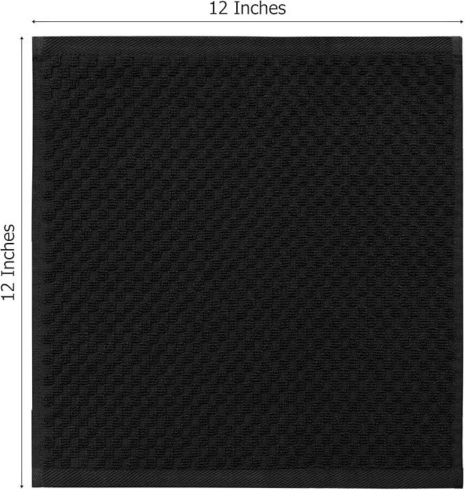 COTTON CRAFT Euro Spa Waffle Wash Cloth - Set of 12 Luxury Pure Ringspun Cotton Waffle Weave Bathroom Face Towel - Everyday Absorbent Hotel Gym Shower Beach Kitchen Travel Dorm - 12x12 inches - Black