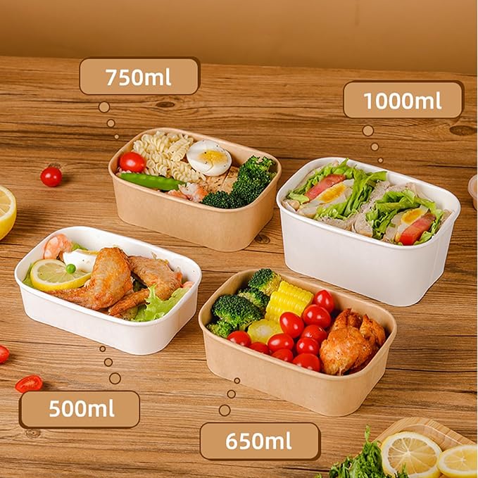 DI QIU REN 50-Pack 29oz Disposable Meal Prep Containers with Lids & Forks, Kraft Paper Bowls To Go Take Out Food Containers with Lids, Microwave & Freezer Safe (White Kraft Paper, 29oz 50 Count)