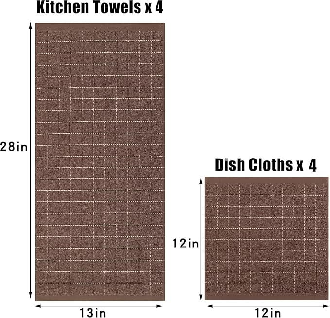 Homaxy Kitchen Towels and Dishcloths Set, 12 x 12 and 13 x 28 Inches, Set of 8 Bulk Cotton Terry Kitchen Towels Set, Checkered Designed, Soft and Super Absorbent Dish Cloths, Brown
