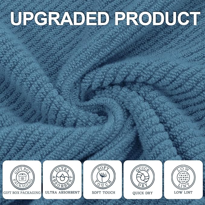 VOOVA & MOVAS Bath Towels Set of 4, Large 30" x 56" - 100% Cotton | Thick | Lightweight | Soft | Absorbent, Quick Dry Towels for Bathroom, Luxury Bathroom Essentials, Denim Blue