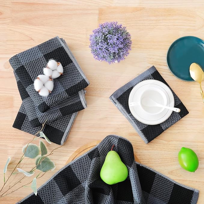 Homaxy Kitchen Towels and Dishcloths Set, 12 x 12 and 13 x 28 Inches, Set of 10 100% Cotton Waffle Weave Check Plaid Kitchen Dish Towels, Super Soft and Absorbent Dish Cloths, Black & Grey