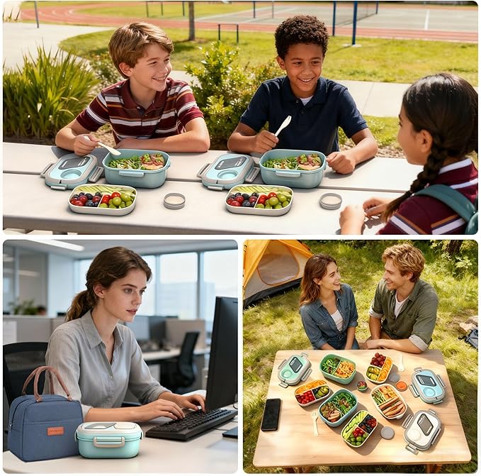PEDECO Lunch Containers Bento Box Set for Adults & Kids with Insulated Bag, Leakproof 3-Compartment and 2-Tier Stackable Container with Portable Sauce Pod, Microwave/Dishwasher Safe, BPA-Free (Blue)