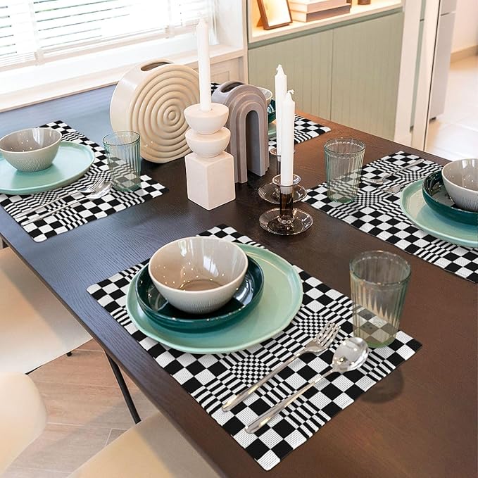 Modern Checkered Linen Placemats Set of 4, Retro Black & White Geometric Patterned Place Mats for Dining Table, Kitchen, Party, 12 x 18 Inch Non-Slip Heat Resistant White Black Table Mats, Home Decor