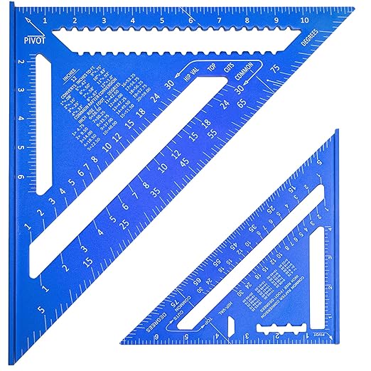 Beslands Aluminum 12 inch & 7 inch Rafter Square Carpenter Set Measuring Layout Tool Alloy Metal Triangle Ruler Protractor for Woodworking and Carpentry Imperial, Blue