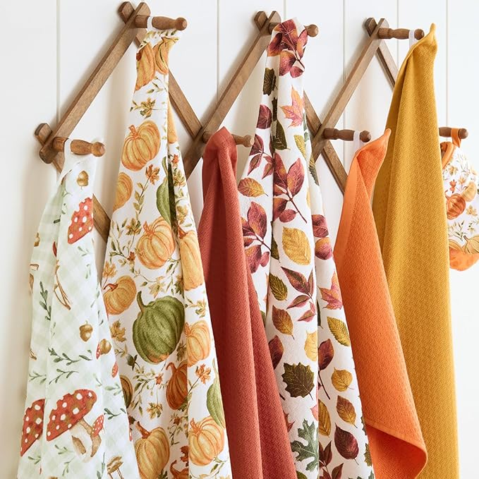 Martha Stewart Autumn Harvest Falling Leaves Kitchen Towel 3-Pack Set, 100% Cotton with Absorbent Terrycloth, Decorative Kitchen Towels, Tan/Red/Green, 16"x28"