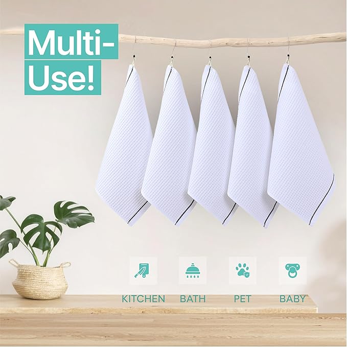 Kitchen Towels and Dishcloths Sets, 14 X 14 Inches, Absorbent Dish Towels for Kitchen, Microfiber Cleaning Cloth, Dish Cloths for Washing Dishes, Waffle Kitchen Towels (White, 14" x 14")