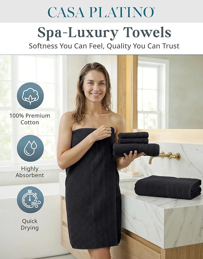 Casa Platino 100% Cotton Towel Set for Bathroom - 18 Piece - Super Soft, Hotel Quality - 6 Bath, 6 Wash Cloths, 6 Hand Towels for Bathroom - Classic, Gentle on Skin, Ideal for Spa & Daily Use - Black