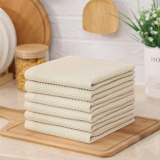 Kitinjoy 100% Cotton Kitchen Dish Cloths (12 X 12 Inches, Beige), 12 Pack Waffle Weave Ultra Soft Absorbent Dish Towels for Drying Dishes Quick Drying Kitchen Towels Dish Rags