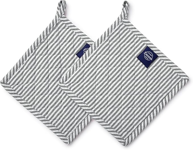 Encasa XO 8 inches Oven Microwave Potholders (2 pc Set) for Kitchen Cooking & Baking - Heat Resistant, Thick & Safe, Protection of Hands from Hot Utensils - Ticking Black
