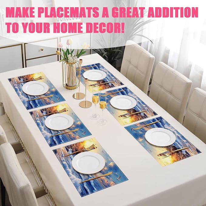Lighthouse Placemats Set of 6,12x18 Inch Nautical Theme Linen Place Mat Washable Stain Resistant Table Mats for Spring Summer Seasonal Farmhouse Kitchen Party Home Decor