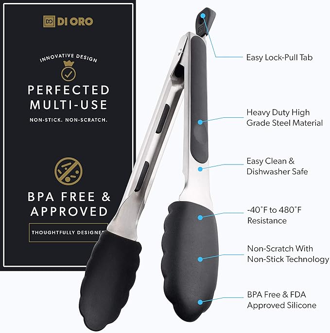 New DI ORO 9-Inch Kitchen Tongs – Stainless Steel with Non-Stick 480°F Heat-Resistant BPA Free Silicone Tips – Great Tool for Cooking, Serving, and Barbecuing - Dishwasher Safe and Easy to Clean Black