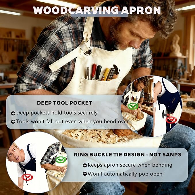 Woodcarving Apron-Work Apron with Brown Leather Chest Patches, Tool Pocket