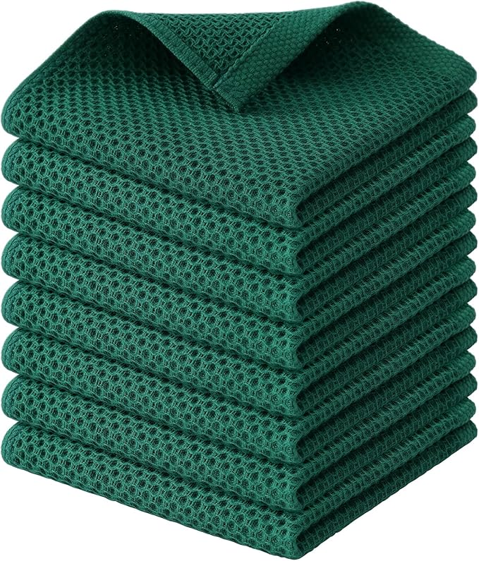 Kitinjoy 100% Cotton Kitchen Dish Cloths (12 X 12 Inches, Dark Green), 8 Pack Waffle Weave Ultra Soft Absorbent Dish Towels for Drying Dishes Quick Drying Kitchen Towels Dish Rags