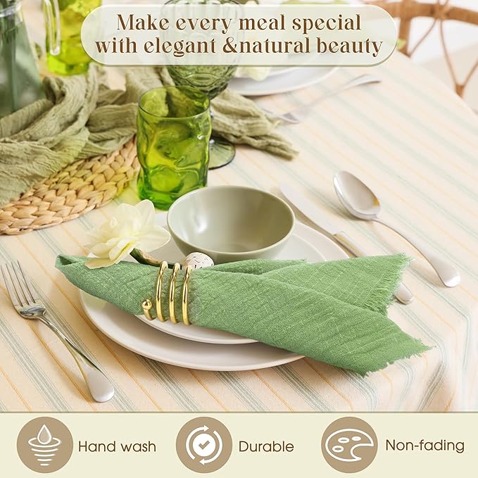 TURSTIN 24 Pieces Cotton Linen Cloth Napkin Handmade Cloth Napkin with Fringe 17 x 17 Inch Soft Cloth Dinner Wedding Napkin Square Rustic Fringe Table Napkin for Dinners, Parties, Weddings, Sage Green