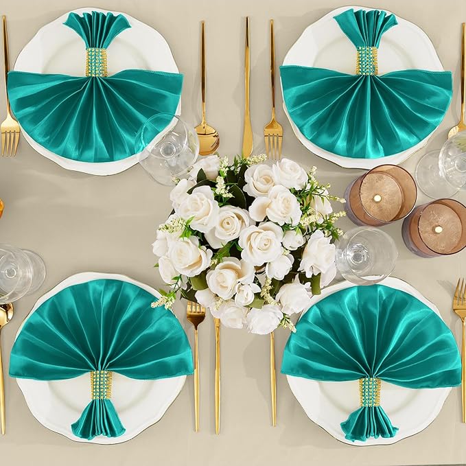 RUDONG M 100 Pcs Teal Satin Napkins and Napkin Rings Set, 17 x 17 Inch Square Cloth Napkins Set of 50, Silky Soft Table Napkins Bulk for Weddings, Banquet, Parties Dinner Decoration