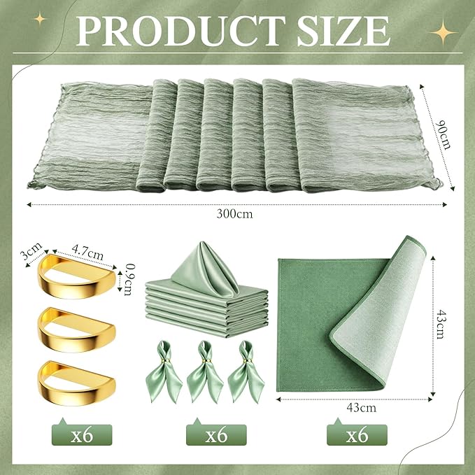 Patelai 19 Pcs Sage Green Table Runner Sets, 6 Placemats 6 Square Napkins with Napkin Rings Sets for Kitchen Dining Table Wedding Baby Shower Party Decorations