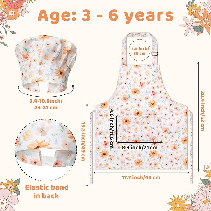 GROBRO7 4Pcs Kids Apron and Chef Hat Set Gift for Girls, Floral Print Adjustable Kitchen Cooking Child Aprons with 2 Pockets Waterproof Smocks for Baking Painting Crafting