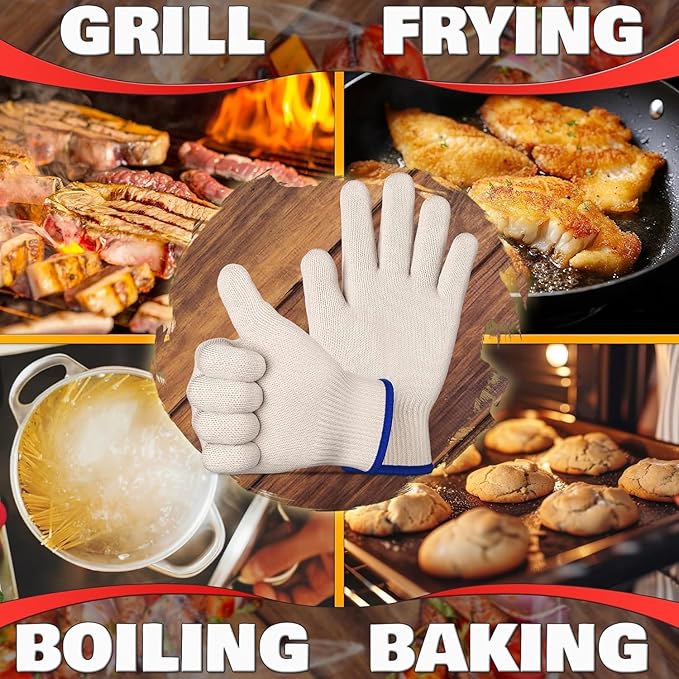 Heat Resistant Gloves for Cooking & Grilling – Aramid Oven Mitts Gloves with Fingers, Short-Term Hand Protection up to 932°F and Secure Grip for Baking, Fryer, and BBQ