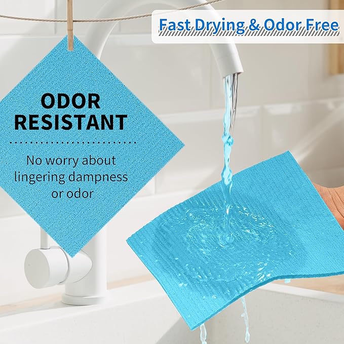 Swedish Dishcloths, 10 Pack Kitchen Towels Dish Rags, Absorbent Swedish Dish Towels for Kitchen, Non-Scratch Cellulose Sponge Cloths, Biodegradable Washable Reusable Paper Towels, Blue