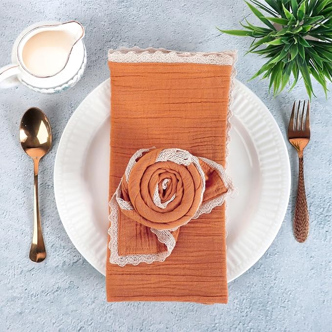 FINGERCRAFT Dinner Cloth Napkin Cotton Muslin Double Gauze 12 Pack with Classic Lace for Everyday Use, Wedding, Party, Christmas, Easter Napkins Cloth are Pre Shrunk and Good Absorbency Rust