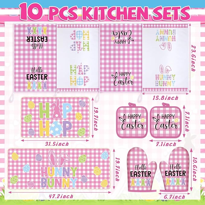 VitalCozy 10 Pcs Happy Easter Kitchen Decor Set Bunny Kitchen Towels and Rugs Oven Mitts and Pot Holders Home Decor Accessories Sets for Easter Chef Baking Cooking Grilling BBQ Gift