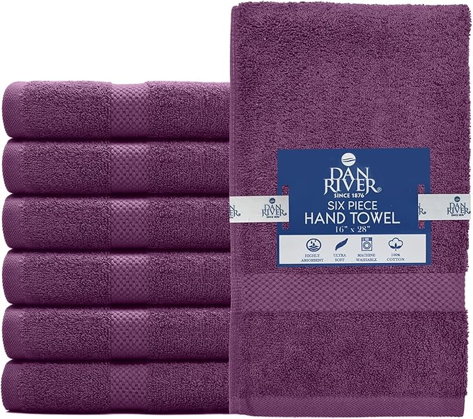 DAN RIVER 6-Pack Premium Hand Towels (16x28 Inches) - 100% Cotton, Ultra Soft, Lightweight, Highly Absorbent Towels for Bathroom, Spa, Gym, Salon, Hotel, and Travel - Purple Passion