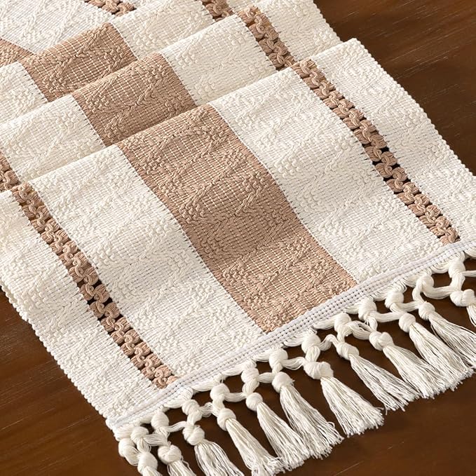 DeZerlor Boho Macrame Table Runner Spring Easter Farmhouse Woven Small Table Runner with Tassels 36 Inches Ivory& Khaki Cotton Linen Kitchen Table Decor for Dining Dresser Home Tea Table Decor