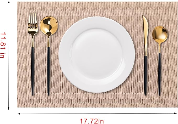 CADONO Placemats Set of 6 Washable Indoor/Outdoor Vinyl Place Mats for Dining Table Durable Non-Slip Heat Resistant PVC Weave Table Mats（Simple Style-Light Brown）