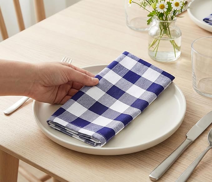 PurpleEssences Buffalo Plaid Cloth Napkins - Mitered Corners - Spring Easter Summer - Gingham Check Dinner Napkin - Set of 12-100% Cotton - 18x18 Inch - Reusable Washable - Blue and White