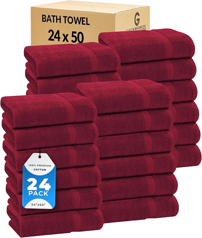 GOLD TEXTILES Premium Red Wine 100% Cotton Bath Towels Set (24 Pack, 24 x 50 Inch) High Absorbency Multipurpose Quick Drying Pool Gym Hotel Spa Bath Towel (24, Red Wine)
