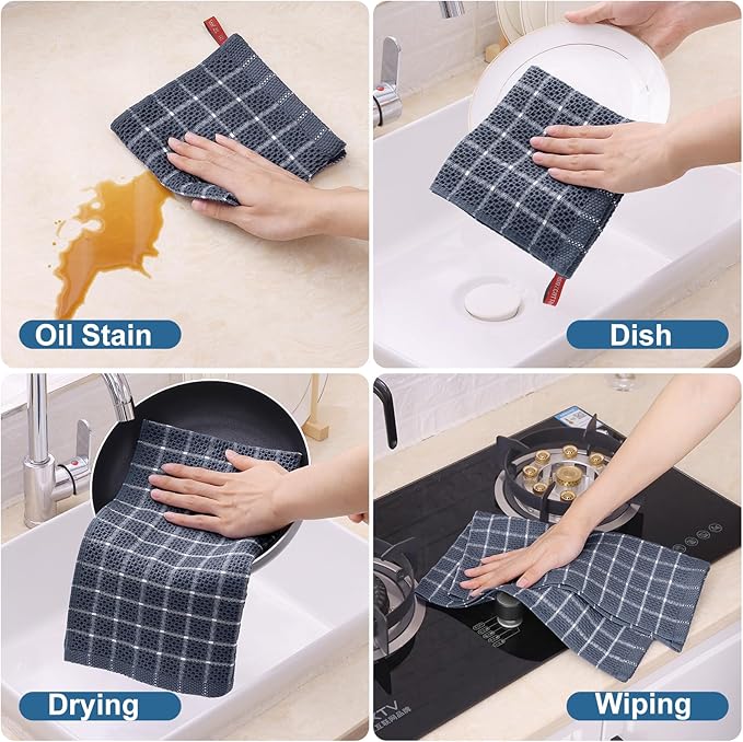 Homaxy 100% Cotton Kitchen Towels 6 Pack-15 X 25 Inches, Check Design Waffle Weave Hand Tea Towels, Super Soft and Absorbent Dish Towel for Drying Dishes, Grey