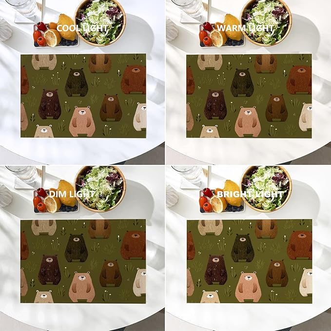 Batmerry Cute The Bear in Olive Brown Placemats, Bears Pattern Green Background Washable Linen Table Mats for Kitchen Table Double Insulation Decor Dining Set Indoor Outdoor 12X18 in Set of 4